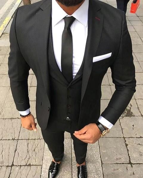 

custom made black men suits for wedding 3 pieces (jacket+pants+vest) notched lapel slim fit suits groomsmen tuxedos prom wear, Black;gray