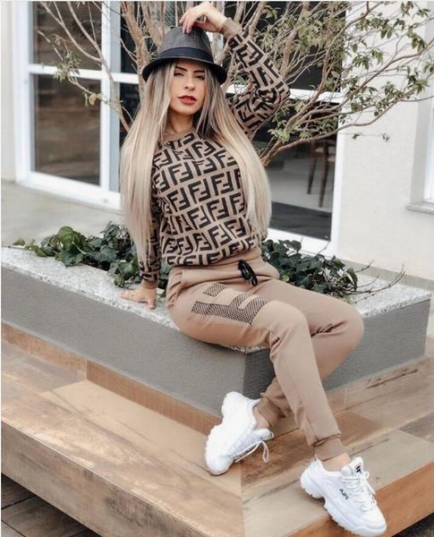 

лучший продавец womens 2pcs дизайнер круглый воротник костюмы одежда a6 fendi fashion brand письмо печати женщины спортивные костюмы с длинн, Gray