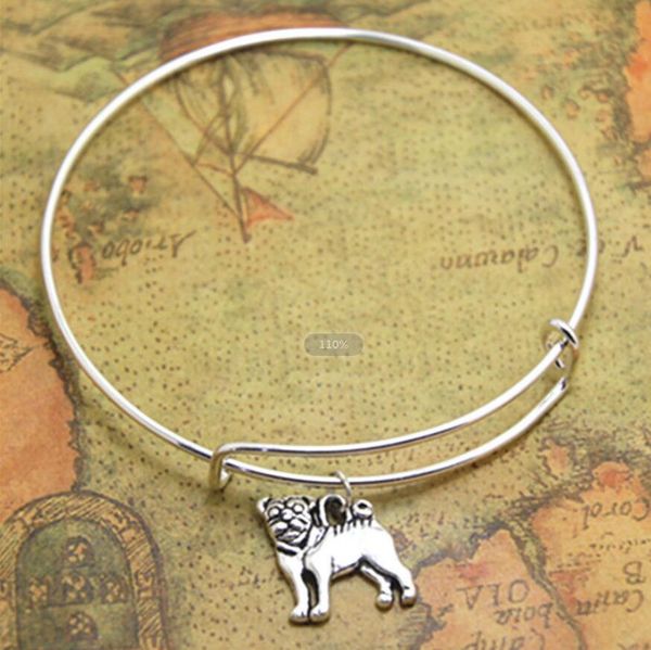 

zinc alloy ancient silver pug lover dog charm bangle bracelet steel ring adjustable designer bracelet women men jewelry animal lovers gift, Black