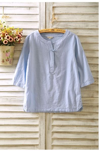 

2020 pring and ummer cotton and linen women 039 hirt even point leeve linen buckle long leeved loo e national wind hort leeved t