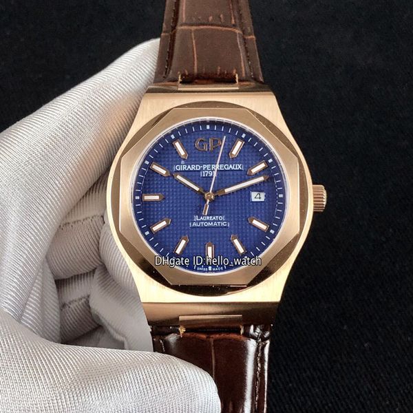 

limited new girard-perregaux gp laureato 81005-52-432-bb6a blue dial miyota automatic mens watch rose gold case leather watches, Slivery;brown