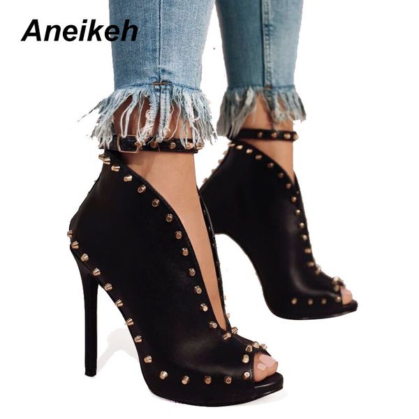 

new autumn women shoes peep toe pumps high heels women's shoes ankle boots rivets buckle motorcycle women's pumps aneikeh, Black