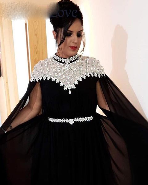 

black muslim evening dresses 2020 chiffon a-line high collar long islamic dubai saudi arabic long formal evening gown, Black;red