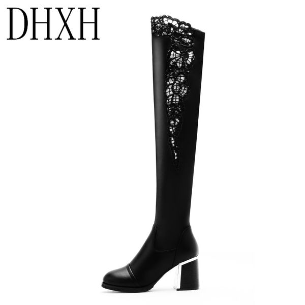 

dhxh 2020 модные зимние теплые сапоги детские высокие пятки сапоги сексуальный полые шарика партии обуви женской гладиатор по колено, Black