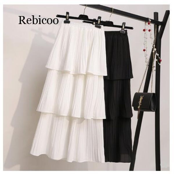 

3 layered women skirt black white korean style long skirt summer pleated chiffon layer cake sun female