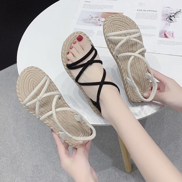 

low sandals woman leather 2020 women's all-match clear heels female shoe ladies shoes summer low-heeled sale flat elastic lace, Black