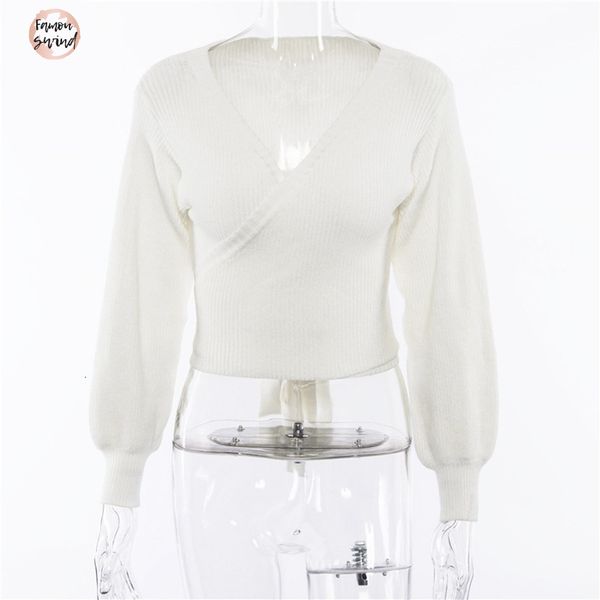 

глубокий v шея белого wrap вязать обрезанный пуловер женщина осень bow tie вязаный женские озимый top перемычка вытащит, White;black