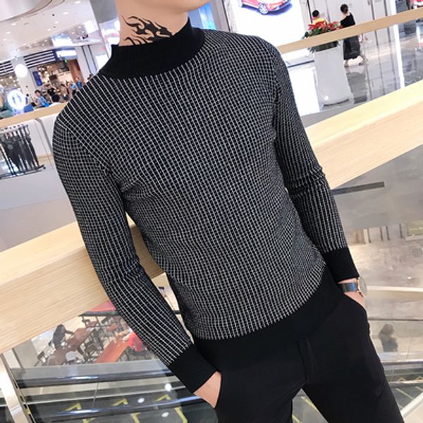 

2019 autumn and winter new men's turtleneck sweater striped slim trend elastic pullover shirt men's tight mesh red sweater, White;black