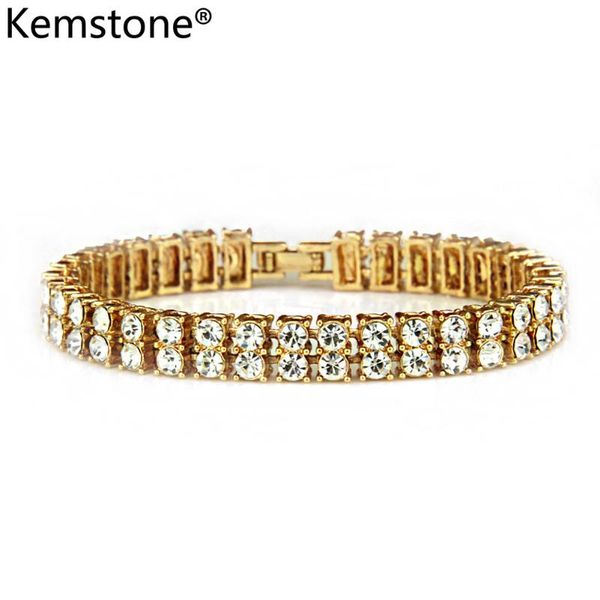 

kemstone 8mm gold silver color bling rhinestone double layers popular alloy chain link bracelet hip hop jewelry for men, Black