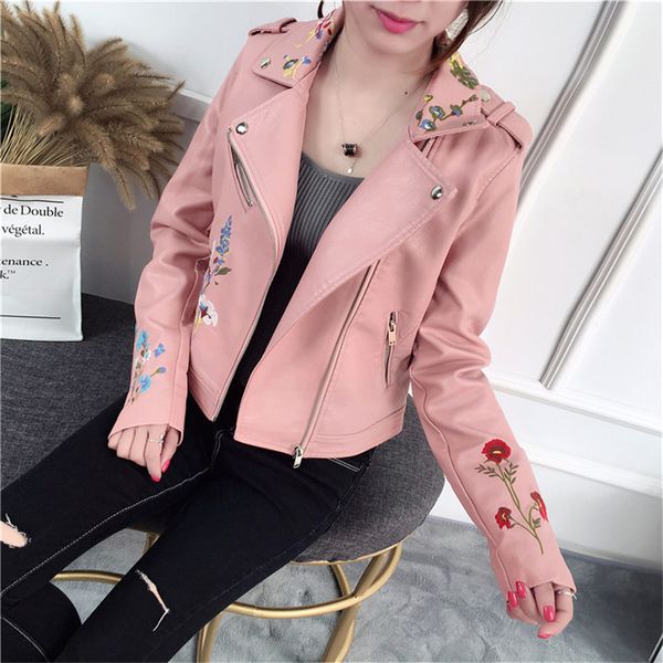 

women's leather & faux 2021 embroidery coats for women pink pu motorcycle jackets fashion streetstyle zipper biker outwears, Black