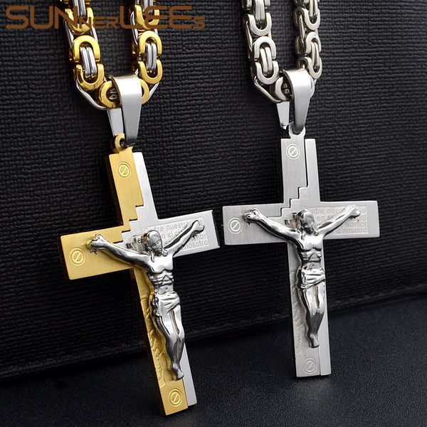 

sunnerlees stainless steel jesus christ cross pendant necklace byzantine link chain gold color for men sp220, Silver