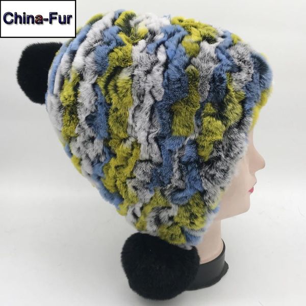 

2020 горячие упругие вязаная rex fur шапочки зимы женщин real rex fur hat real natural cap 3 шары, Blue;gray