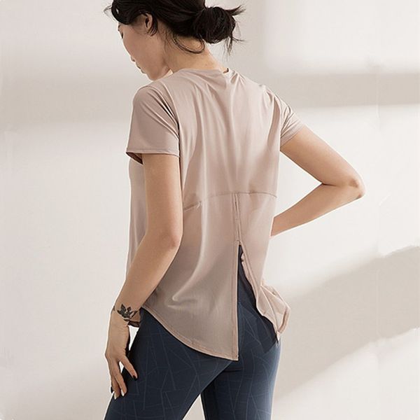 

women loose short sleeve sport t shirt breathable net yarn patchwork back fork opening quick-drying bandage running yoga shirt, White;red