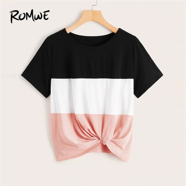 

romwe спорт colorblock twist хем бег тенниска женщины 2019 одежда gym рубашка с коротким рукавом фитнес спортивная одежда женские топы