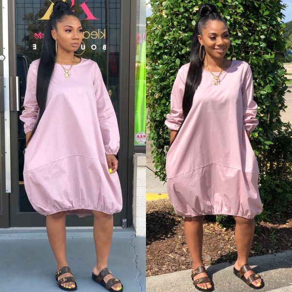 

2020 womens designer dress solid color casual loose pocket dresses long sleeve o neck ladies clothing, Black;gray