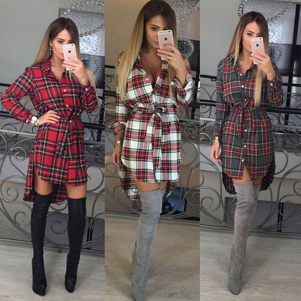 

sleeves long lapel lattice shirt dress, Red;white