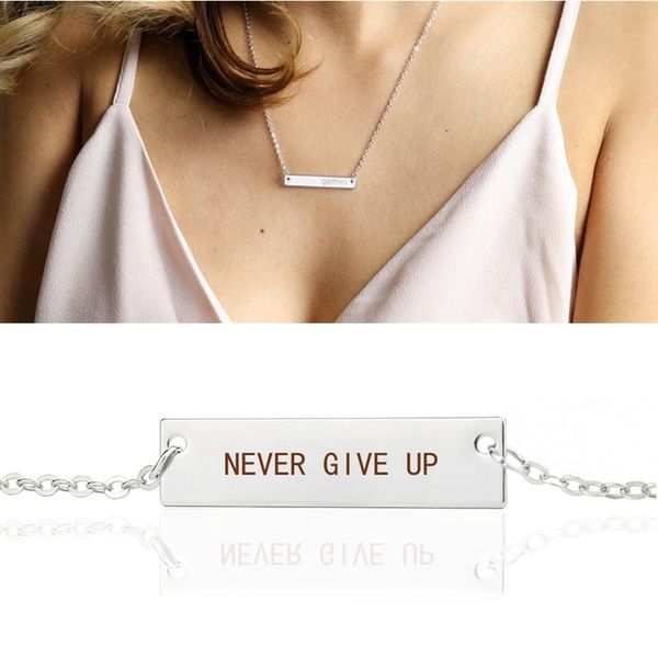 

churchill quote "never give up" bar engraved letter motivational pendant charm life inspirational women men fashion necklace, Golden;silver