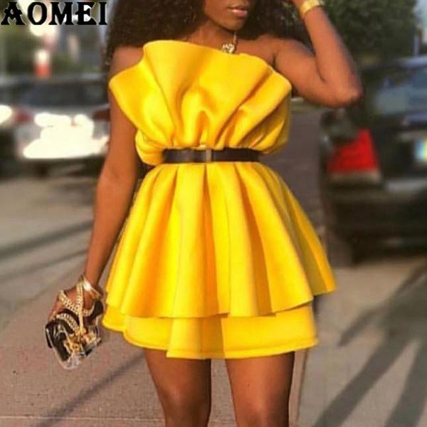 

Women Yellow Party Dress Mini Sexy Pleated Patchwork Off Shoulder Backless Lady Clubwear Dinner Evening Tunic Femme Robes Spring