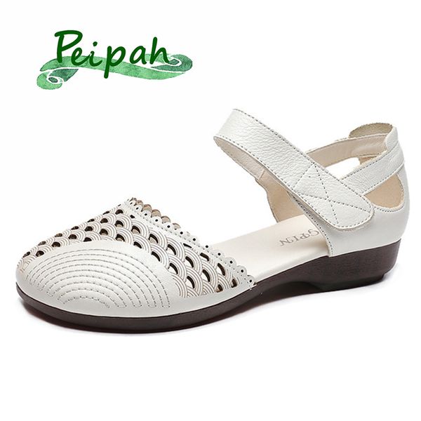 

peipah platform genuine leather women's sandals summer ladies hollow out shallow mothers' shoes woman wrap toes solid slides, Black
