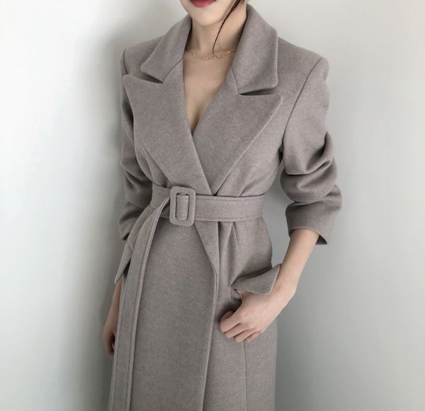 

2019 autumn and winter x-long woolen overcoat south korea women's dress chic thick over-the-knee suit woolen jacket women's 9063, Black;white