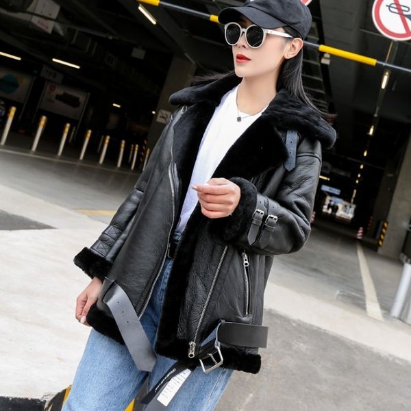 

winter women luxury real fur jacket warm wool lining shearling coat genuine leather design boyfriend motor biker female overcoat, Black