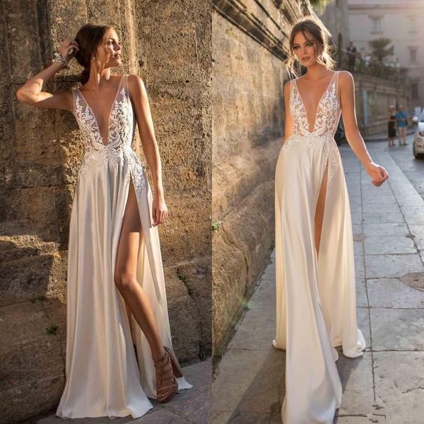 

2019 berta bohemian lace wedding dresses appliqued a line deep v neck split side bridal gowns vestido de novia satin wedding dress