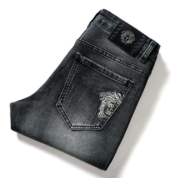 

2019 men's jeans autumn and winter men's high-grade cotton embroidered denim trousers stretch slimming thick style, Blue