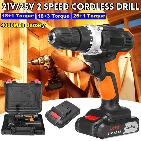 

21v/25v 2-speed electric screwdriver cordless drill 3/8" impact drill diy home power driver tools li-ion battery screwdriver