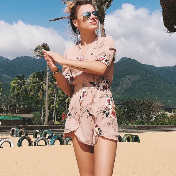 

women's jumpsuits & rompers plus size womens jumpsuit short summer beach overalls ladies 2021 one piece floral playsuit romper xxl dn79, Black;white