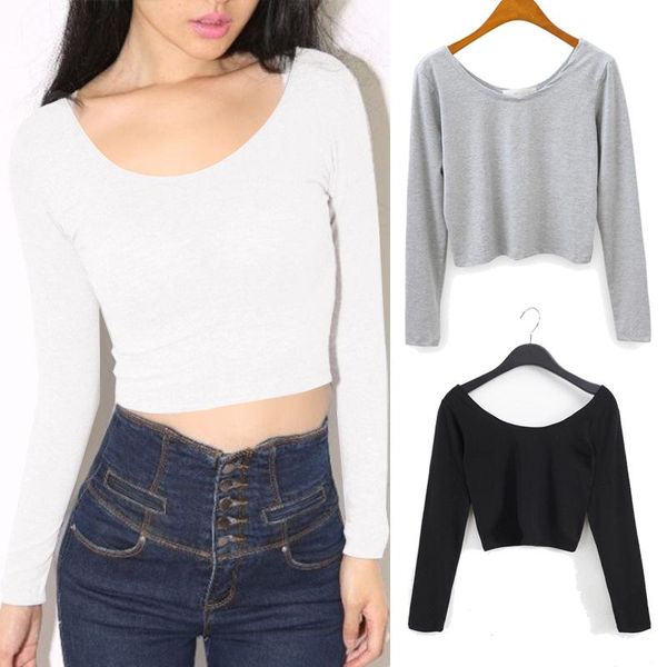 

fashion women solid colors long sleeve o-neck short t-shirt black gray white