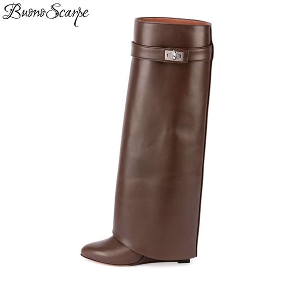 

scarpe women shark lock black boots genuine leather fold long boots wedges high heel brand designer botas mujer chic 2019