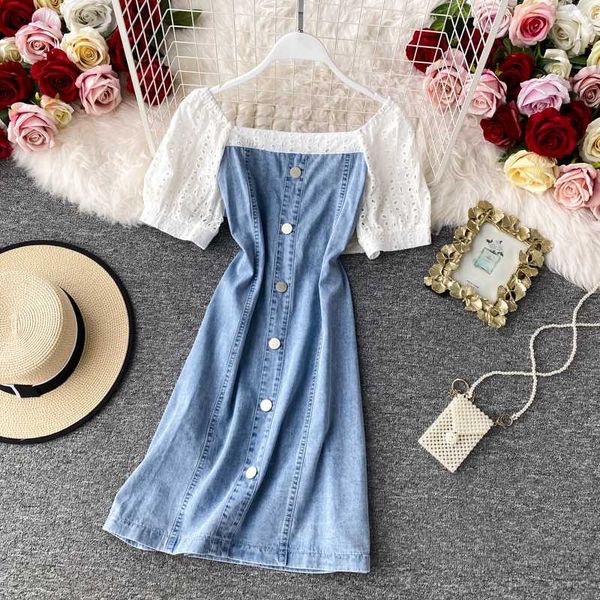 

casual dresses fmfssom summer spring patchwork hollow out denim buttons square neck single breasted women female a-line high waist midi dres, Black;gray