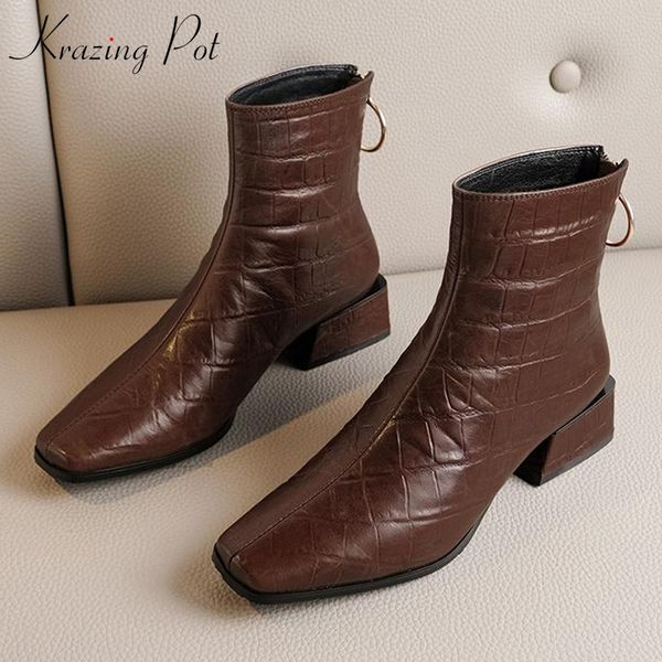 

krazing pot prints genuine leather square toe thick med heels big size winter keep warm zipper british ankle boots l8f2, Black