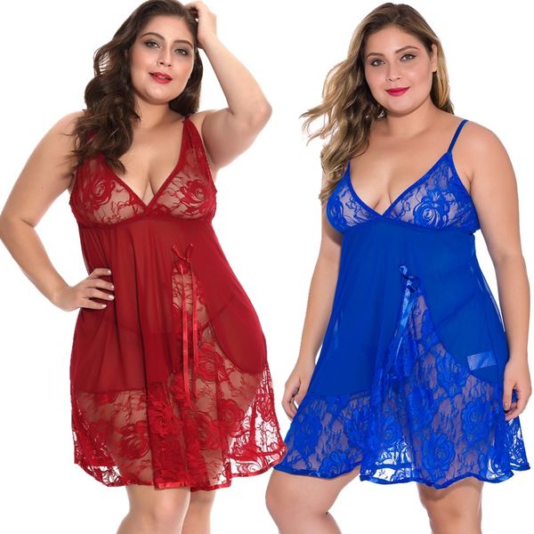

women floral lace and mesh babydoll with dangle satin ribbon big lady chemise dress plus size 1x-4x lingerie panty set multicolor, Black;red