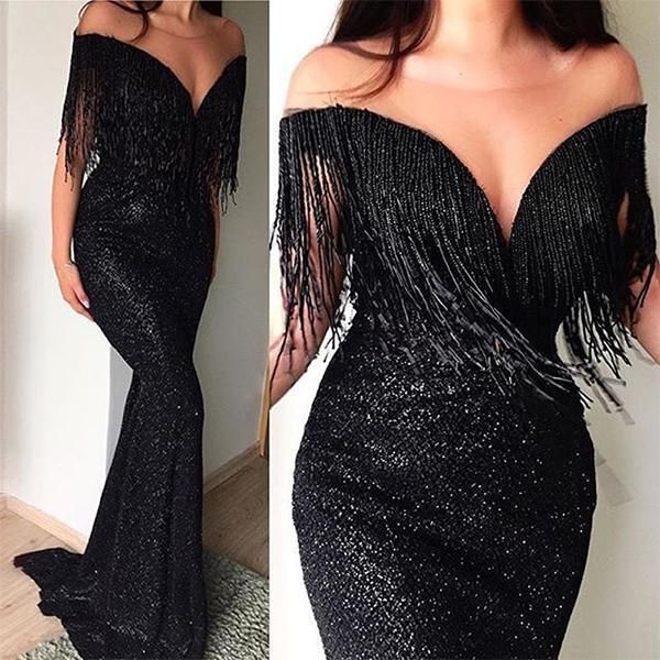 

muslim sparkly black sequins beading tassel evening dress mermaid long prom dresses 2018 illusion off shoulder arabic formal party gown, Black;red