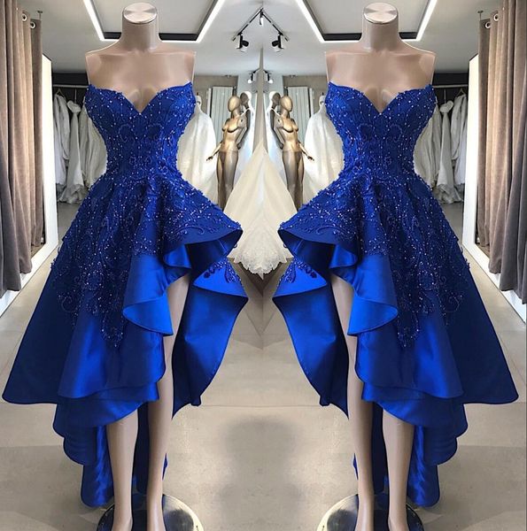 Royal Blue без бретелек атласная линия длинные платья выпускного вечера 2019 бисером камни высокий низкий вечернее платье вечерние платья BC1866