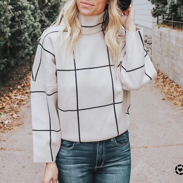 

female knitted jumpers office work wear elegant long sleeve turtleneck sweater women autumn winter plaid pullover, White;black
