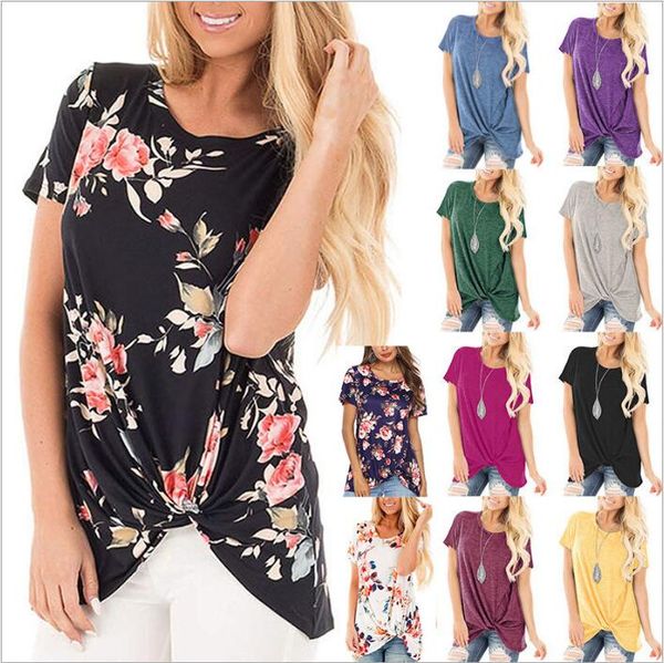 

t-shirt женщины одежда цветочные knot tops повседневные рубашки с коротким рукавом летние цветы тройники printed мода blusas vestidos костюм, White