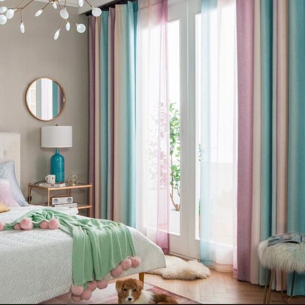 

gradient window curtains rainbow stripe print blinds curtains tulle sheer voile decorative drapes for living room bed room blue