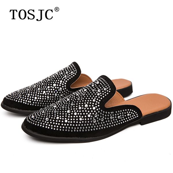 

tosjc mens mules lightweight half shoes for man breathable slip-on slippers diamond design half loafers outdoor flats, Black