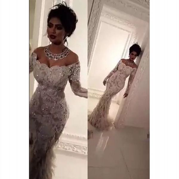 

платье de noiva luxury furs crystals русалка свадебные платья 2020 с длинными рукавами scoop шеи блестками блестки кружева свадебное платье, White