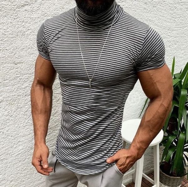 

short sleeve black white fashion tees for men youth wear slim high - collar cotton summer pinstripe men t-shirt, White;black