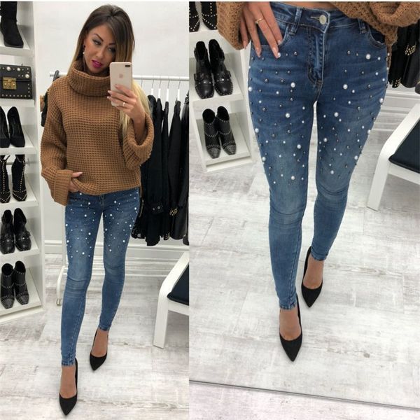 

women blue jeans pants skinny pearl beaded black jeans summer spring ladies high waist zipper long denim casual mom
