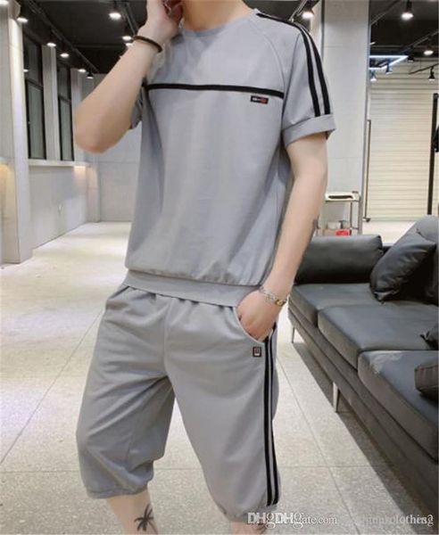 

striped print short sleeve 2pcs mens tracksuits summer short pants two piece sports sets mens clothing, Gray
