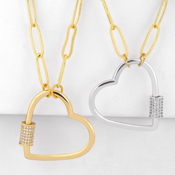 

pendant necklaces gold love heart lasso for women cz zircon carabiner lock charm punk statement fashion jewelry nkeq60, Silver