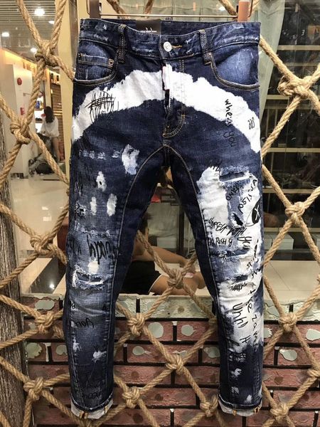 

fashion vintage mens ripped jeans pants slim fit distressed hip hop denim pants men blue/white stretch jeans with hole 136