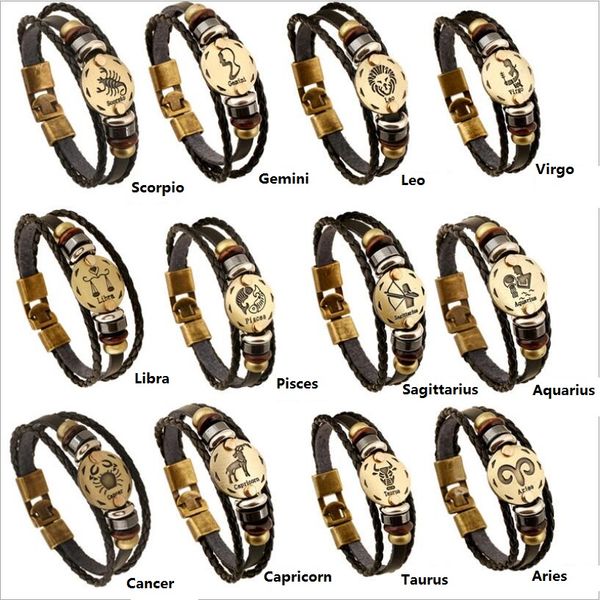 

zodiac signs leather bracelets men women 12 constellation handmade braid beads beaded hematite wristband for sale, Golden;silver