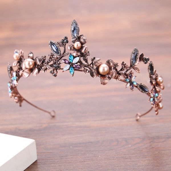 

vintage copper hair jewelry for women bride pear black crystal tiaras and crowns rhinestone handmade diadem hair accessories, Golden;white