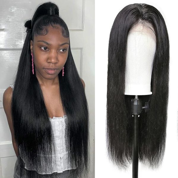 

lace front human hair wigs virgin hair 24inch brazilian straight glueless lace front wig with baby hair weave beauty, Black