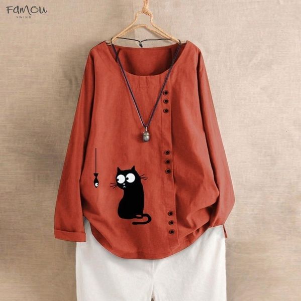 

plus size autumn fashion linen cat print crew neck blouse casual button loose basic female women long sleeve tee shirt blusa, White